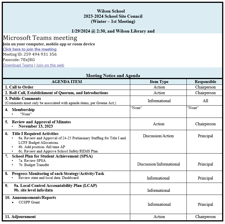  Wilson- School Site Council Meeting